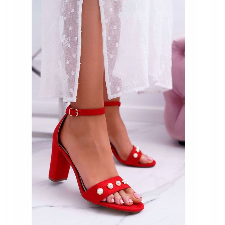 S.Barski Naisten sandaalit kantapäällä helmillä Punainen Renes 1