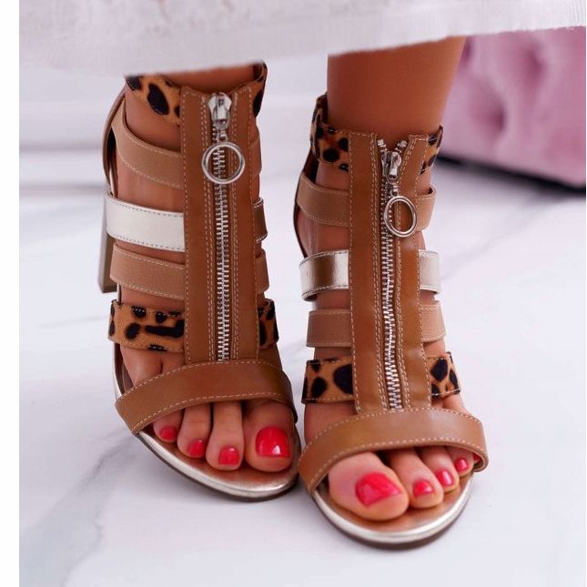 FE1 Naisten sandaalit kantapäässä Tyylikäs vetoketju edessä Rahel ruskea 2