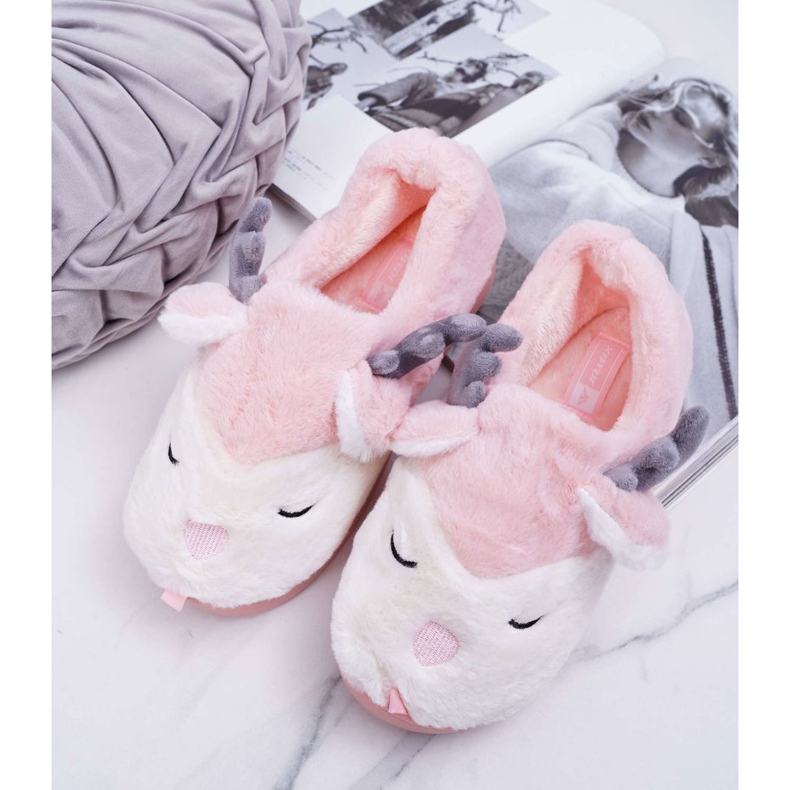 BUGO Naisten tohvelit turkiksella, porot, poronruusut vaaleanpunainen 1