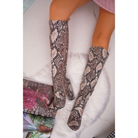 FRGIV Naisten saappaat korkokenkiä käärme iho Beige Brouny 1