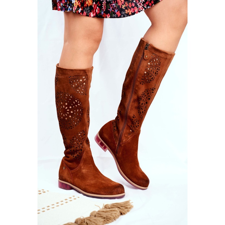 Naisten korkeat saappaat Maciejka Leather Openwork Camel 04525-29 ruskea 1