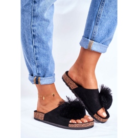 MSMG Naisten mustat tohvelit korkissa, jossa pompom Galaxo 1