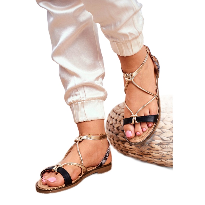 S.Barski Naisten sandaalit Flat Black ja Gold Barski Samim musta keltainen 3