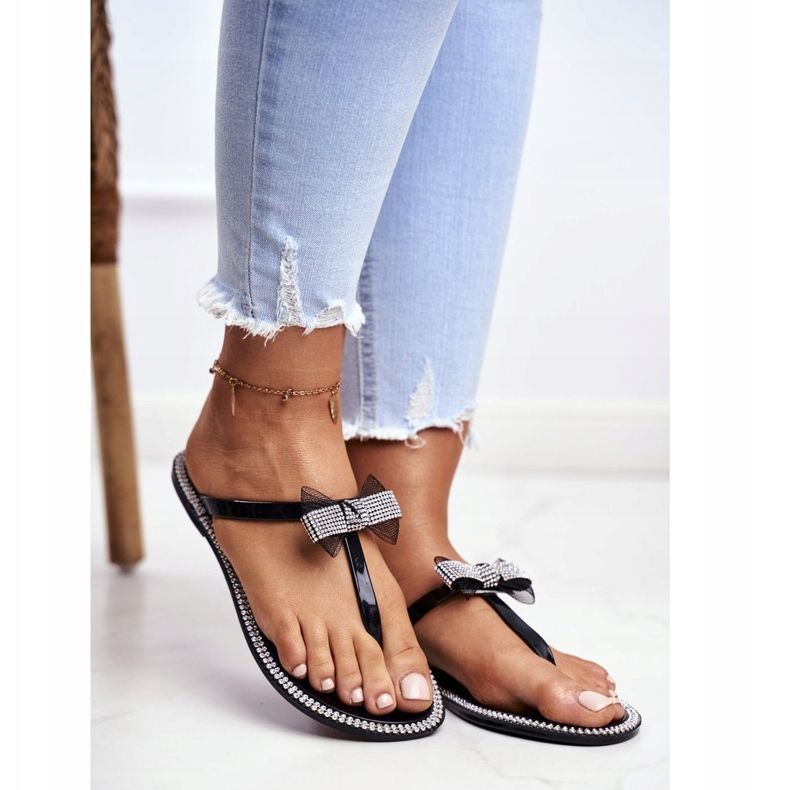 LU BOO Naisten kumitossut Musta Varvassandaalit Tekojalokivi Lou 1