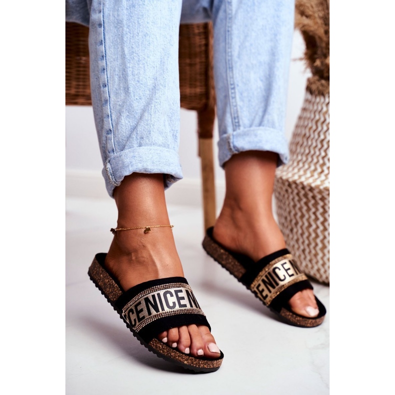 EVE Naisten mustat tohvelit korkissa BeNice Gold -tekojalokivet keltainen 1