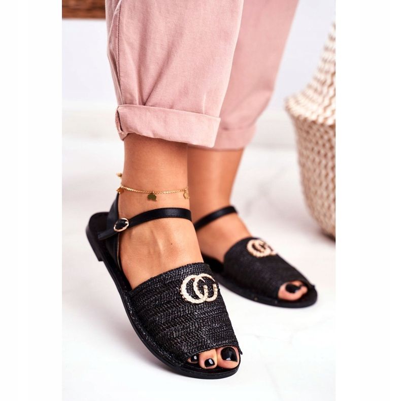 Mustat naisten litteät sandaalit Lu Boo punottu Felicia 1