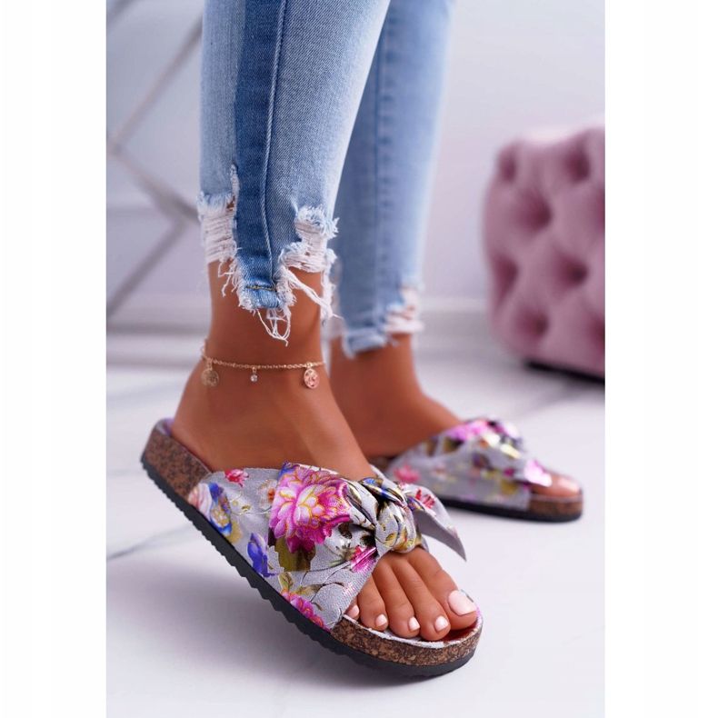 PS1 Naisten harmaat tohvelit korkkikukkien Wendyn rusetissa vaaleanpunainen 2