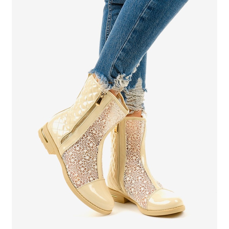 Beige, avokärkiset litteät saappaat X362-2 1