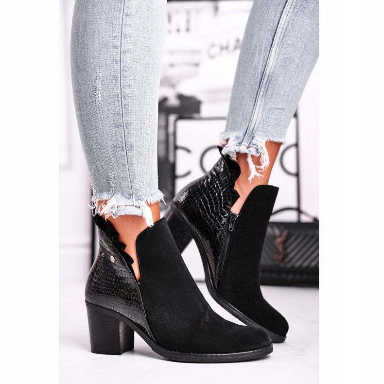 Naisten saappaat kantapäässä, nahkajousi Maciejka musta 04833-01 2