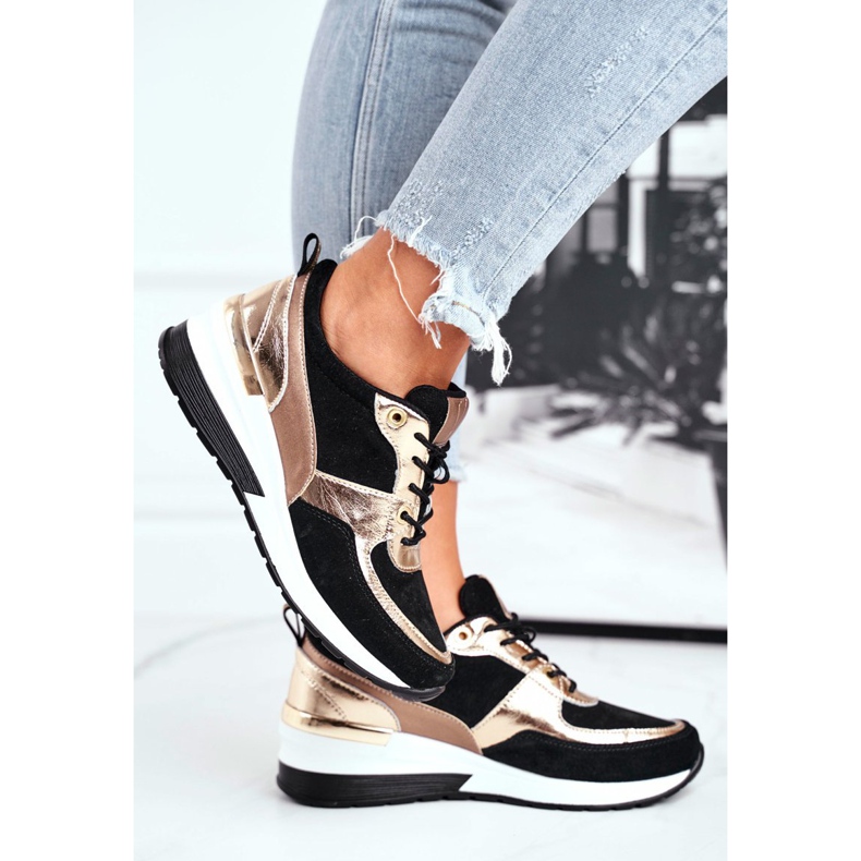 Vinceza Naisten urheilukengät nahka musta ja kulta 21-7777 2