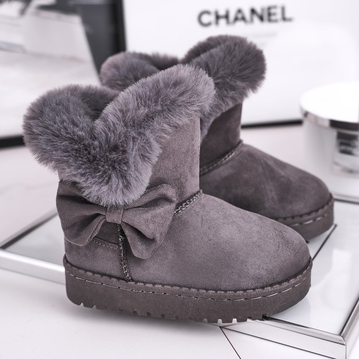 FRROCK Harmaat Vellan lasten lumisaappaat, joissa on turkis rusetti 1