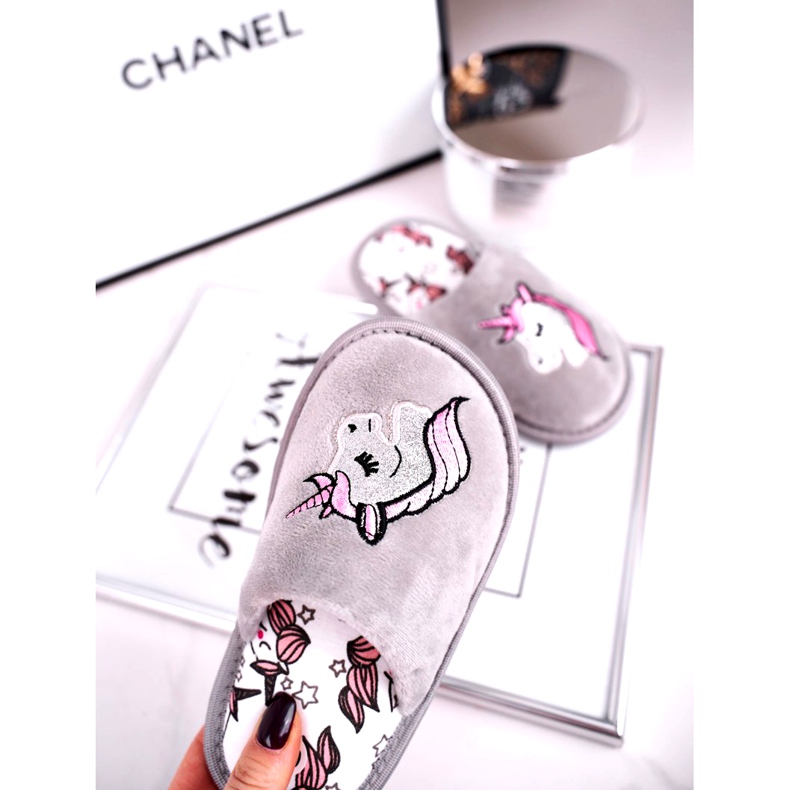 Lasten harmaat yksisarviset tohvelit yksisarvisella vaaleanpunainen hopea 2