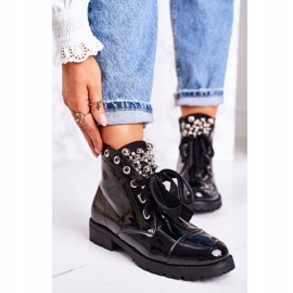 MSMG Naisten lämpimät saappaat, joissa metallinen helmi ja nauha, lakattu Perla musta 2