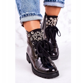 MSMG Naisten lämpimät saappaat, joissa metallinen helmi ja nauha, lakattu Perla musta 1