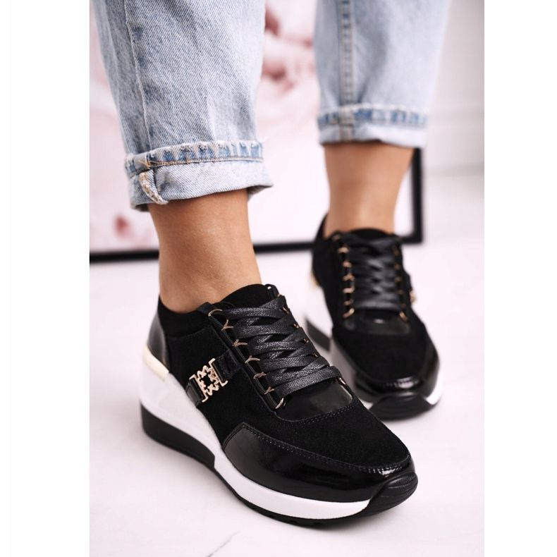 S.Barski Naisten nahkaiset kiilakengät Black Gold Roxette musta kultainen 1