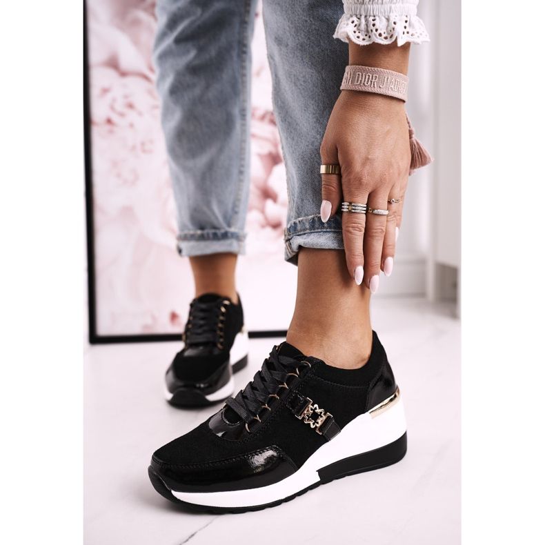 S.Barski Naisten nahkaiset kiilakengät Black Gold Roxette musta kultainen 2