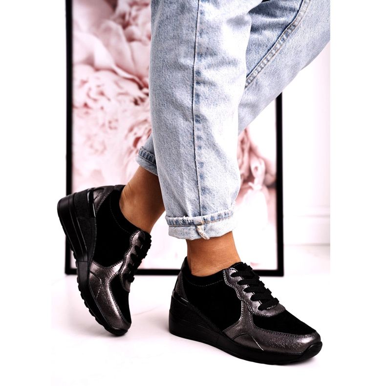 S.Barski Naisten nahkaiset kiilakengät Black Roxette musta monivärinen hopea 2