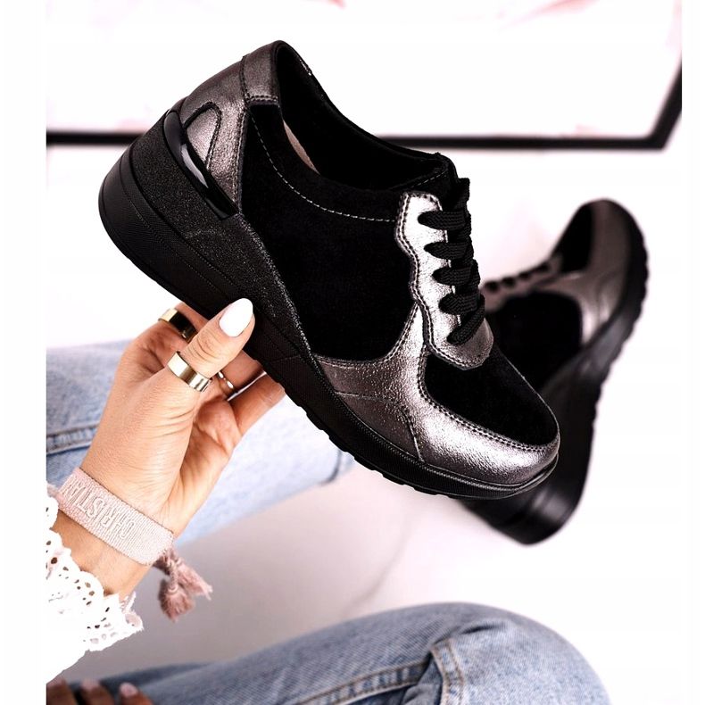 S.Barski Naisten nahkaiset kiilakengät Black Roxette musta monivärinen hopea 4