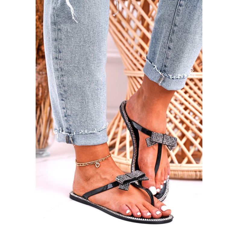 LU BOO Naisten kumiset tohvelit, mustat varvastossut Deross-tekojalokivi 1