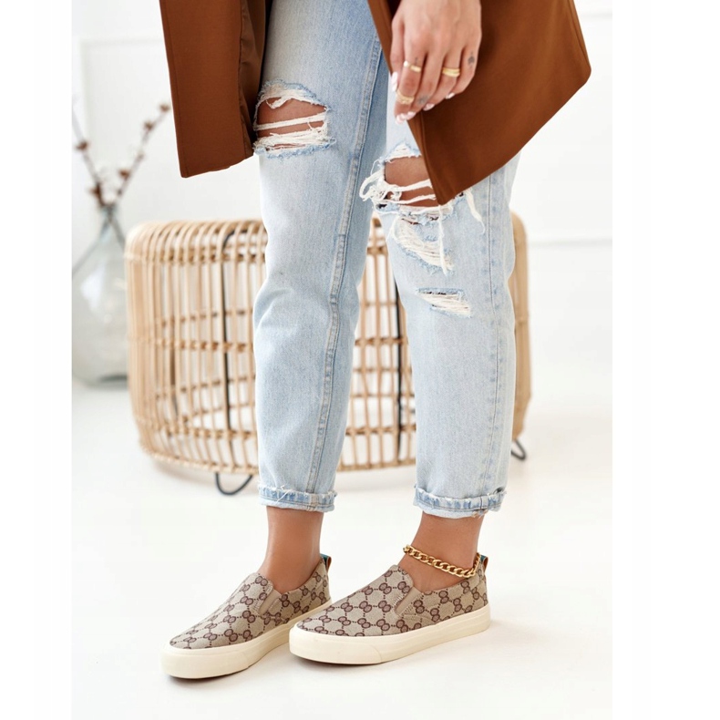 Naisten kirjautuneet lenkkarit Slip-On Khaki Challenge beige ruskea 1