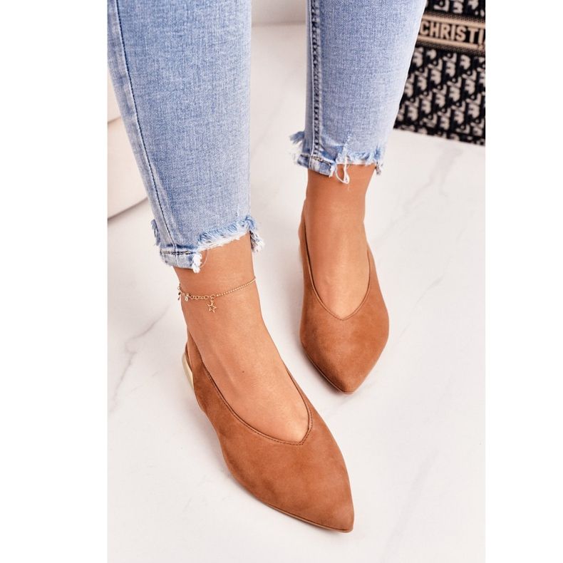 Mokkanahkaiset ballerinat kultaisilla korkoilla Laura Messi 2127 Kameli ruskea 2