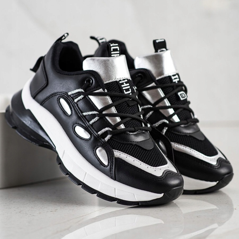 SHELOVET Tyylikkäät ekonahkaiset lenkkarit musta hopea 1