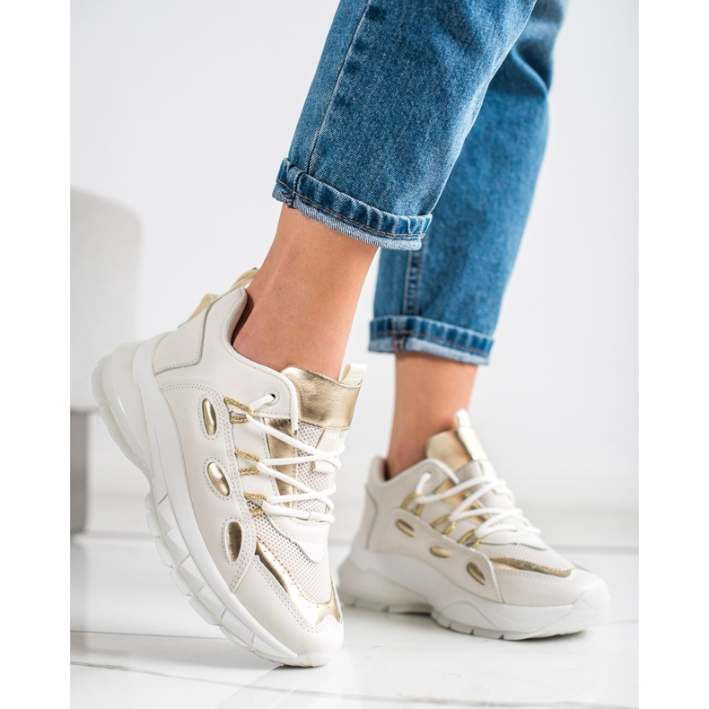 SHELOVET Tyylikkäät ekonahkaiset lenkkarit beige kultainen 1