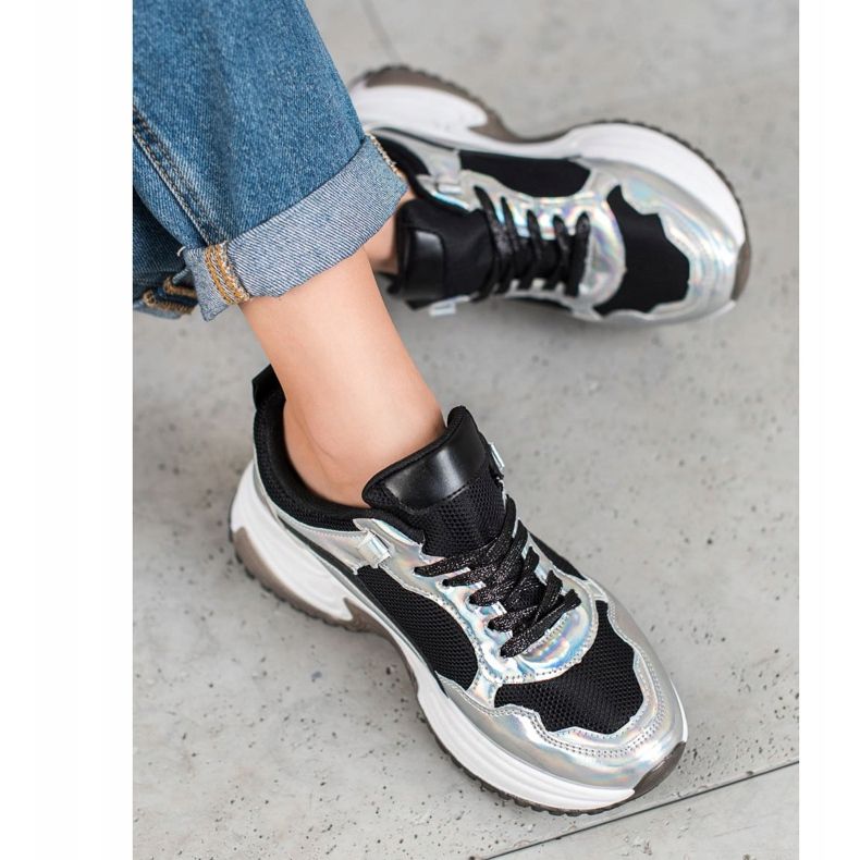 SHELOVET Muoti lenkkarit holoefekti musta hopea 1