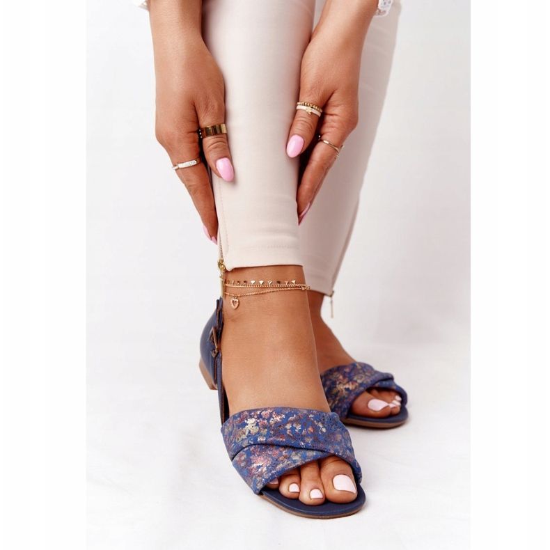 Nahkaiset sandaalit kukilla Maciejka 04614-43 laivastonsininen kultainen 1