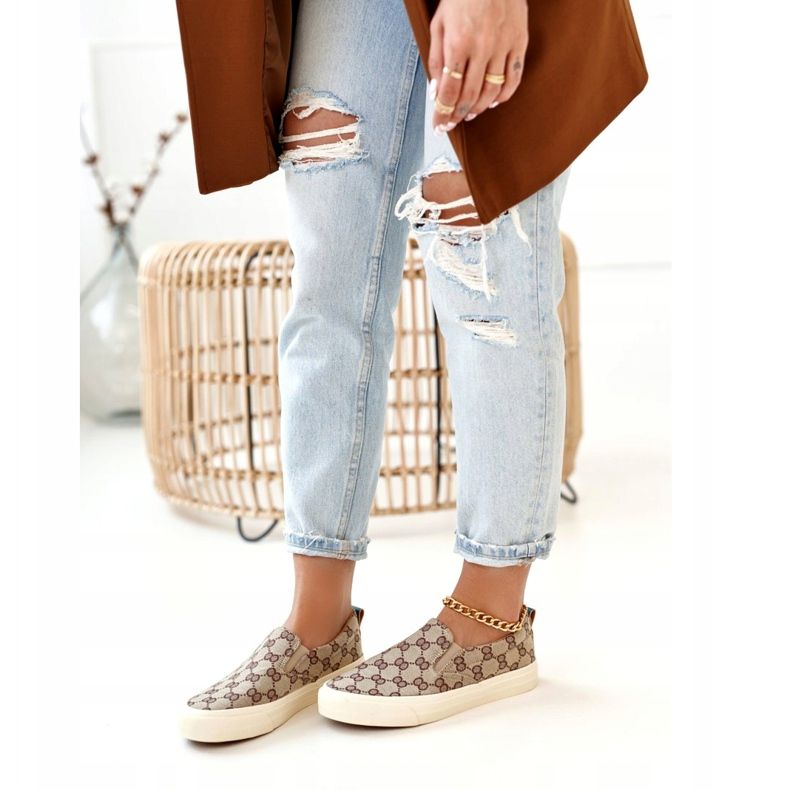 Naisten kirjautuneet lenkkarit Slip-On Khaki Challenge beige ruskea 1