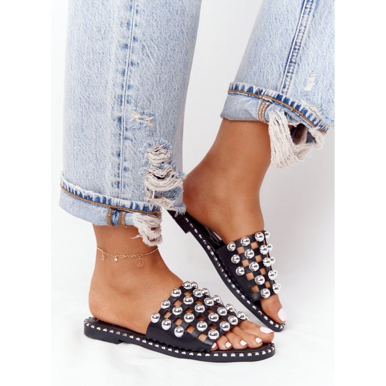 PS1 Avoimet nahkatossut tekojalokivillä, musta Alana 2