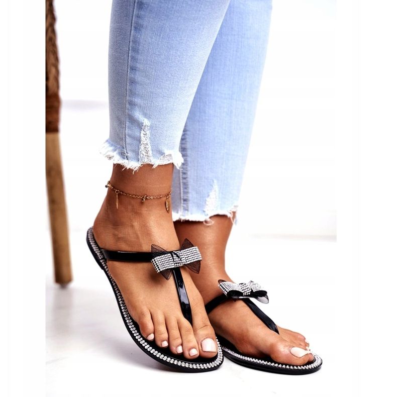 LU BOO Naisten kumitossut Musta Varvassandaalit Tekojalokivi Lou 1