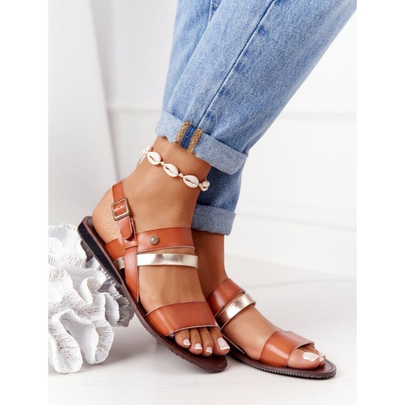 PE1 Naisten litteät sandaalit, ruskea ja kultainen Doris 2