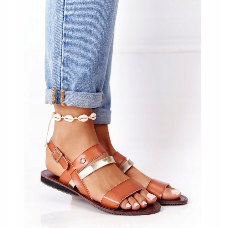 PE1 Naisten litteät sandaalit, ruskea ja kultainen Doris 1