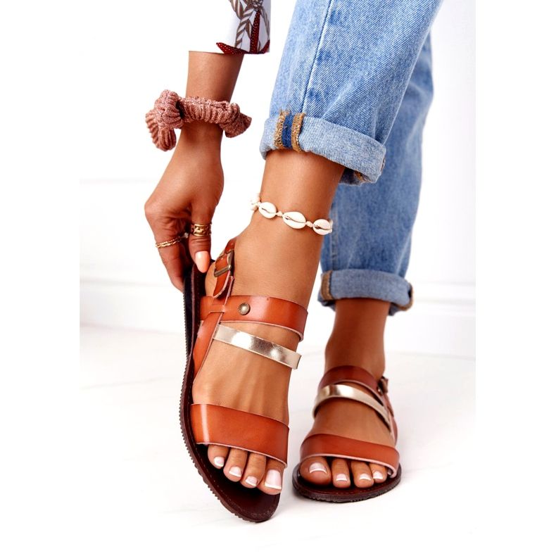 Naisten litteät sandaalit, ruskea ja kultainen Doris 4