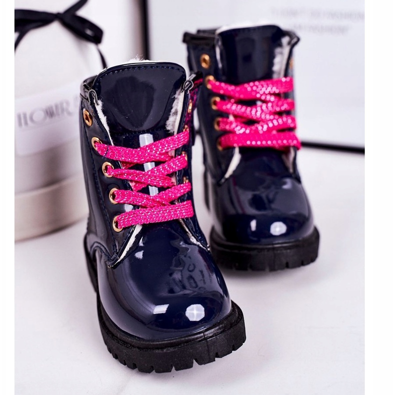 Lasten saappaat lämmitetty turkista, lakattu laivasto Pinkie laivastonsininen 3