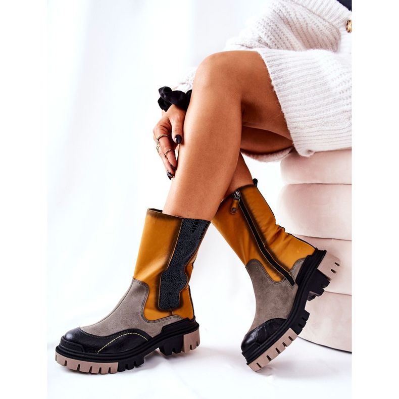 Korkeat Maciejka-nahkasaappaat keltainen-harmaa 05141-07 beige musta kultainen 1