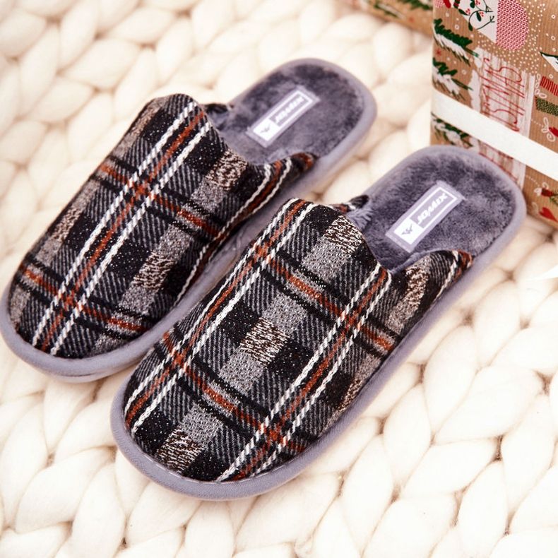 WJ1 Miesten lämpimät harmaat ruudulliset tossut Whisper ruskea 2