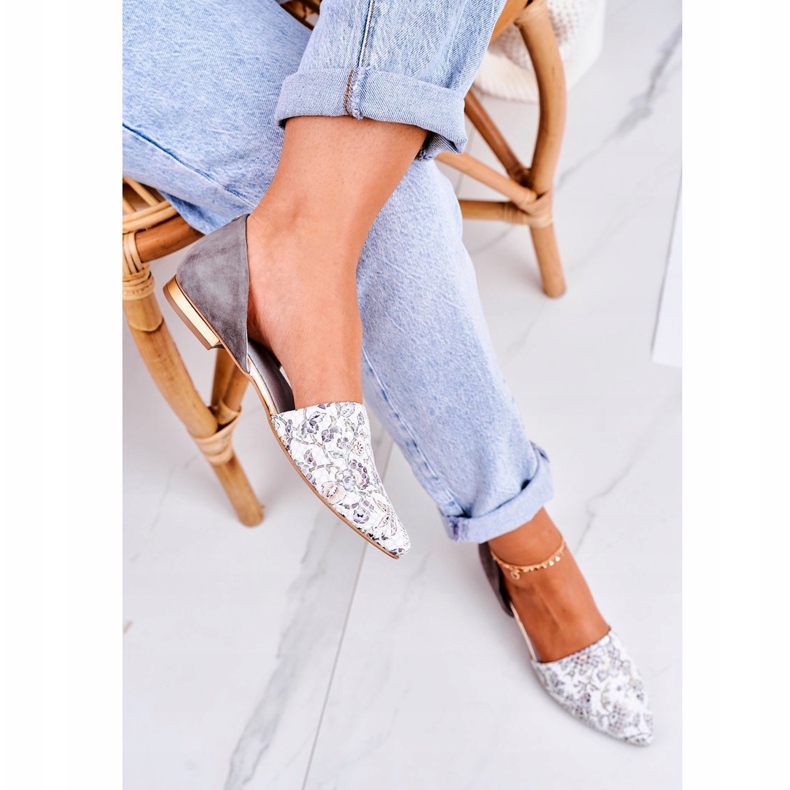 Tyylikkäät nahkaiset ballerinat kukilla Laura Messi 1110 Valkoinen vaaleanpunainen monivärinen 2