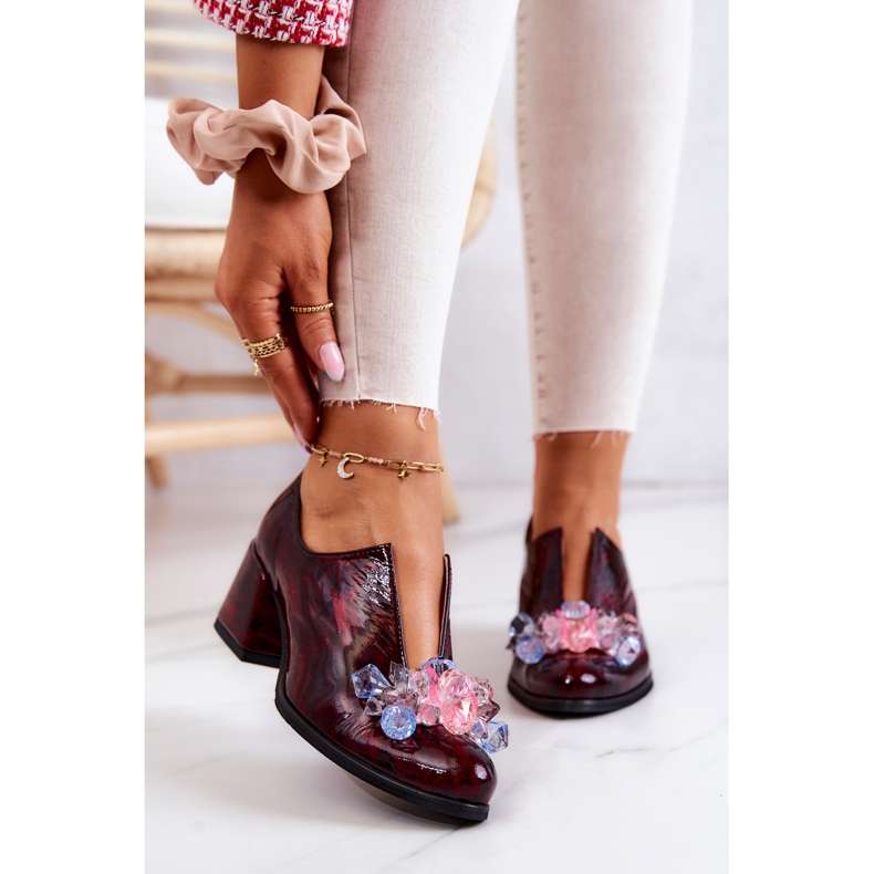 PA2 Tyylikkäät nahkaiset korkokengät Burgundy Delaver -koristeella punainen 2