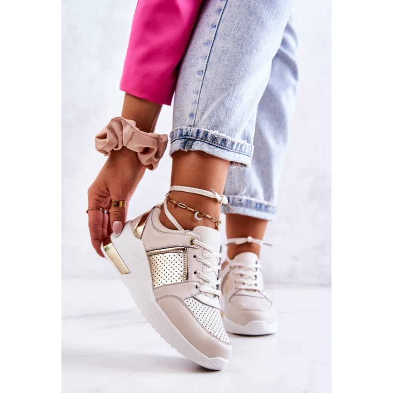 S.Barski Naisten nahkaiset urheilukengät Wedge Beige ja White Larson valkoinen kultainen 1