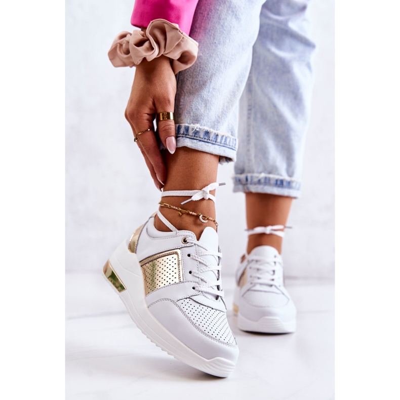 S.Barski Naisten nahkaiset urheilukengät kiilalla Valkoinen Larson kultainen 1