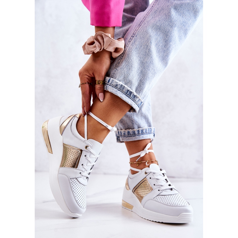 S.Barski Naisten nahkaiset urheilukengät kiilalla Valkoinen Larson kultainen 2