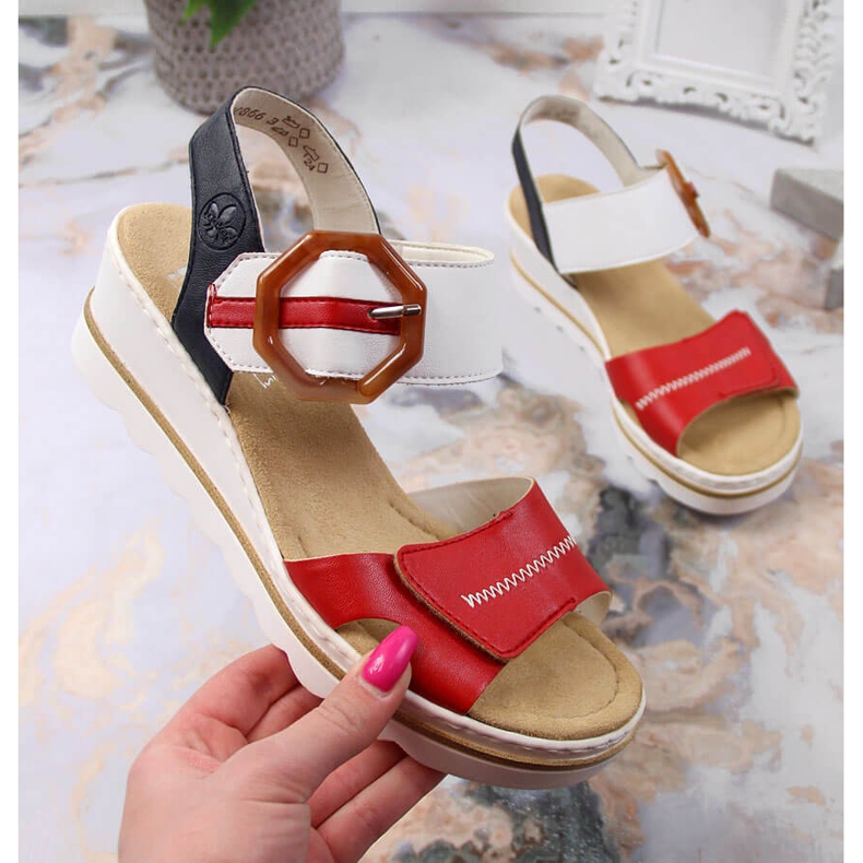 Naisten sandaalit kiilalla Rieker 67476-33 valkoinen musta punainen monivärinen 1