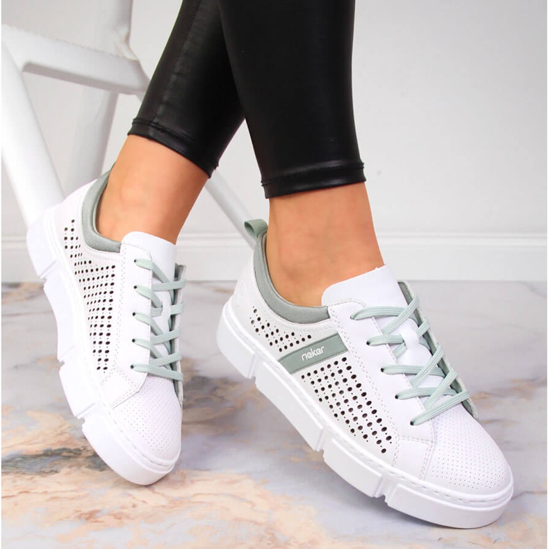 Naisten valkoiset harjakattoiset nahkakengät Rieker N5950-80 valkoinen 1