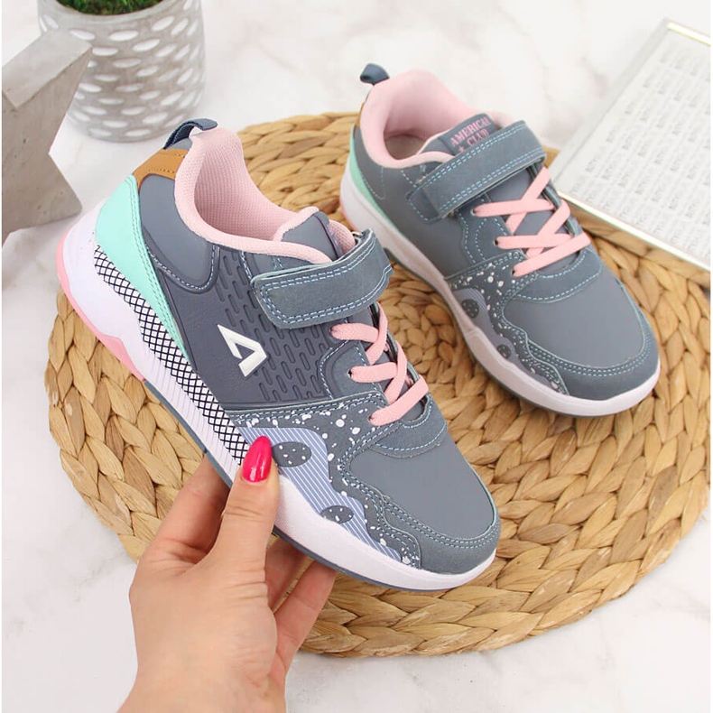 Tyttöjen urheilukengät tarranauhalla, harmaat American Club -kuminauhat vaaleanpunainen 1