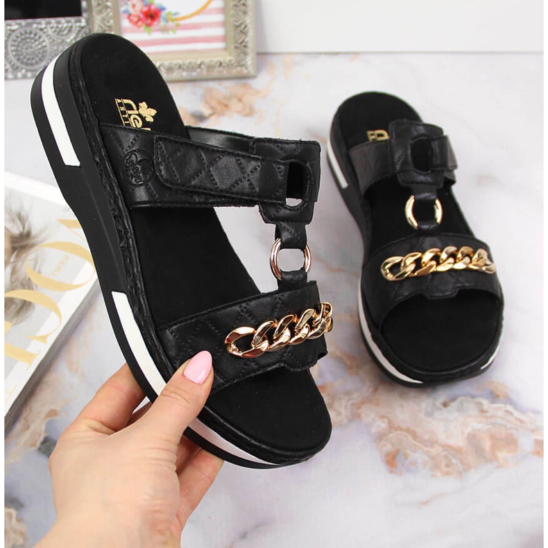 Musta Rieker V5929-00 naisten mustat tossut ketjulla 1