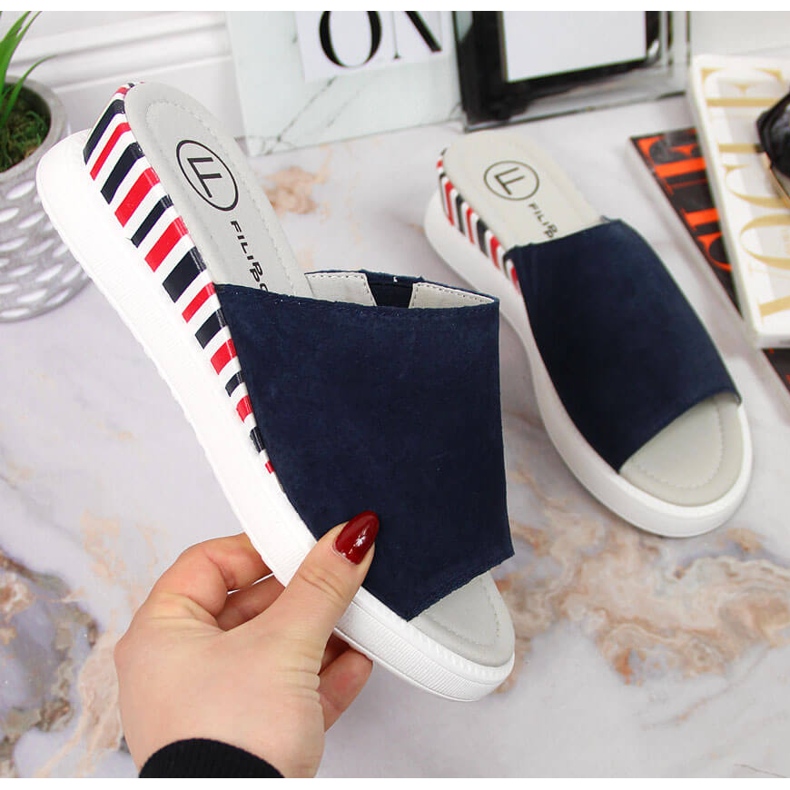 Naisten nahkaiset tossut kiilalla Navy blue Filippo laivastonsininen 1