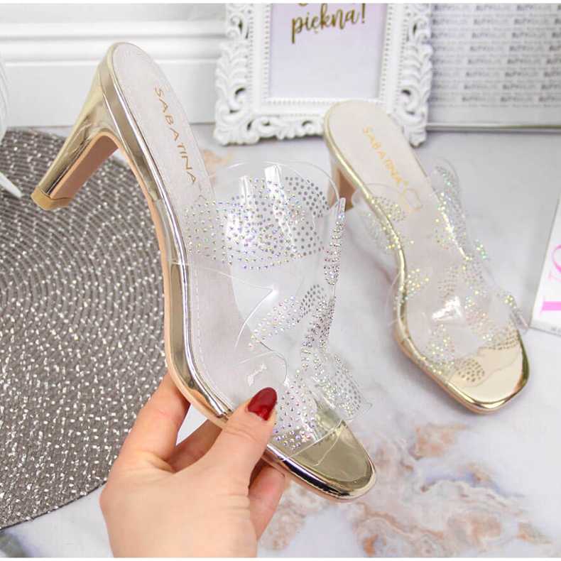 Läpinäkyvät naisten tossut kullanvärisillä kuutiozirkonioilla Sabatina väritön 1