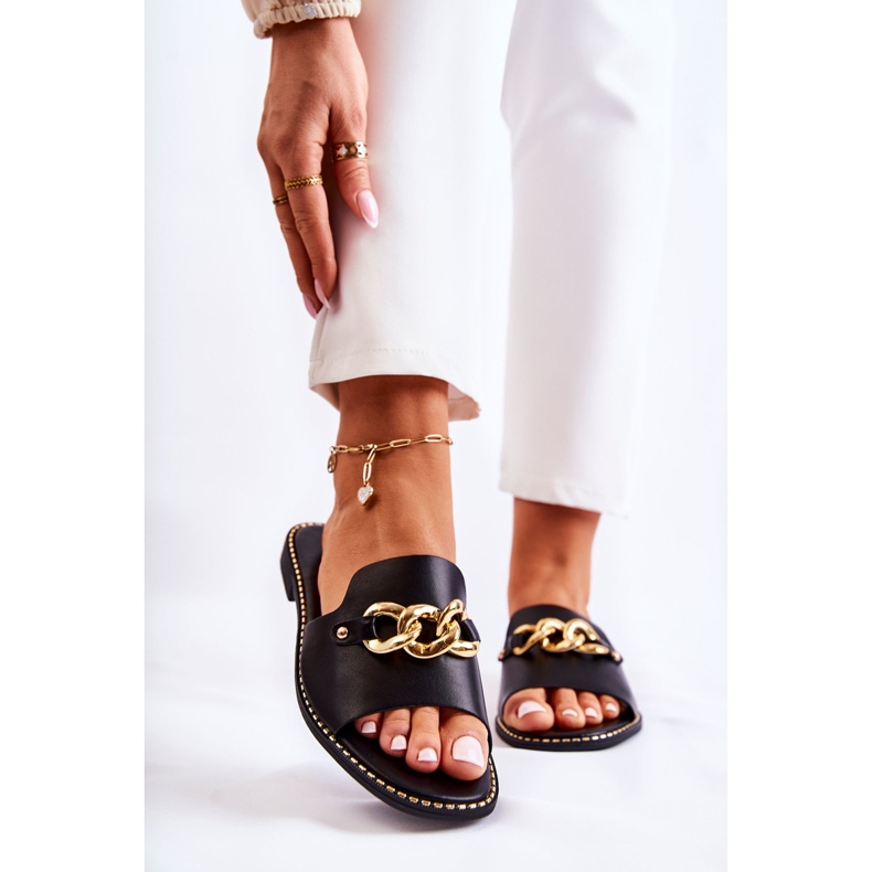 S.Barski Muodikkaat mustat Finess-tossut, joissa on ketju tasaisella kantapäällä 1